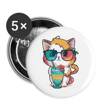 Fancy Katze: Sonnenbrille und Cocktail - Buttons groß 56 mm (5er Pack) - Weiß - Vorne