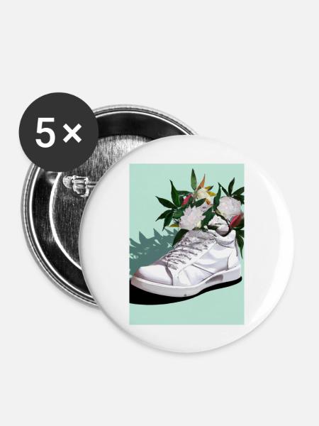 Sneaker mit Blumen - Buttons groß 56 mm (5er Pack) - Weiß