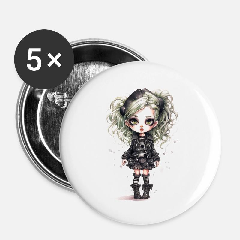 Gothic-Mädchen - Buttons groß 56 mm (5er Pack) - Weiß