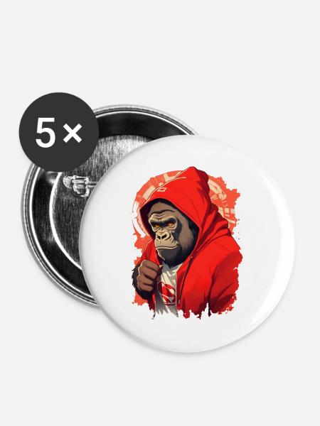 Gorilla mit rotem Hoody - Buttons groß 56 mm (5er Pack) - Weiß