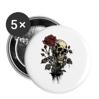 Totenschädel mit roter Rose Skull Liebe und Tod - Buttons groß 56 mm (5er Pack) - Weiß - Vorne