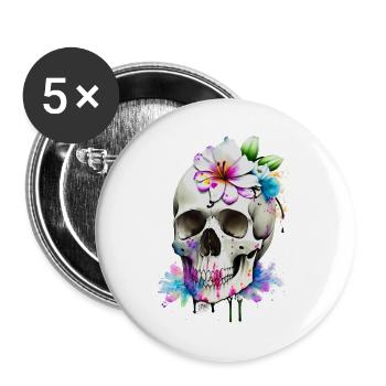Schädel mit Lilien - Buttons groß 56 mm (5er Pack) - Weiß - Vorne
