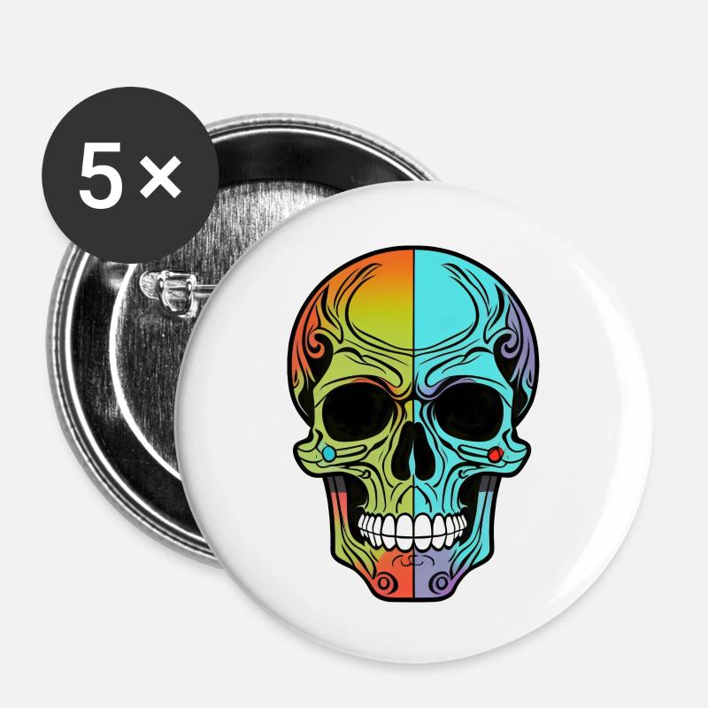 Skull OrangeBlue - Buttons large 2.2''/56 mm (5-pack) - white