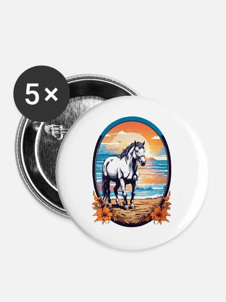 Pferd am Strand - Buttons groß 56 mm (5er Pack) - Weiß