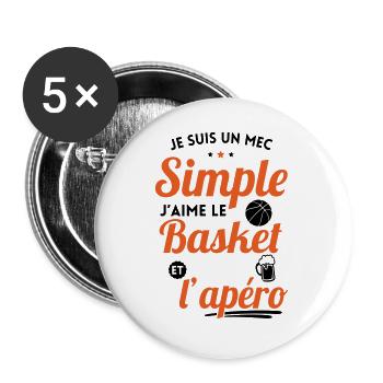 Mec simple aime le basket et l'apéro - Lot de 5 grands badges (56 mm) - blanc - Devant