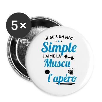 Musculation - Mec simple aime la muscu et l'apéro - Lot de 5 grands badges (56 mm) - blanc - Devant