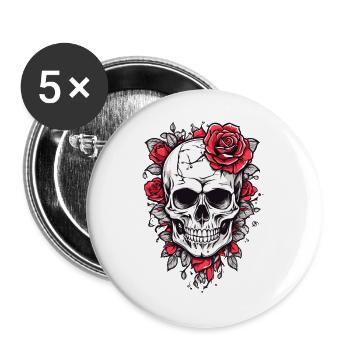 Crâne avec des roses - Lot de 5 grands badges (56 mm) - blanc - Devant