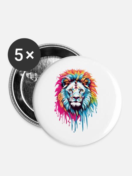 Bunter Löwenkopf - Buttons groß 56 mm (5er Pack) - Weiß