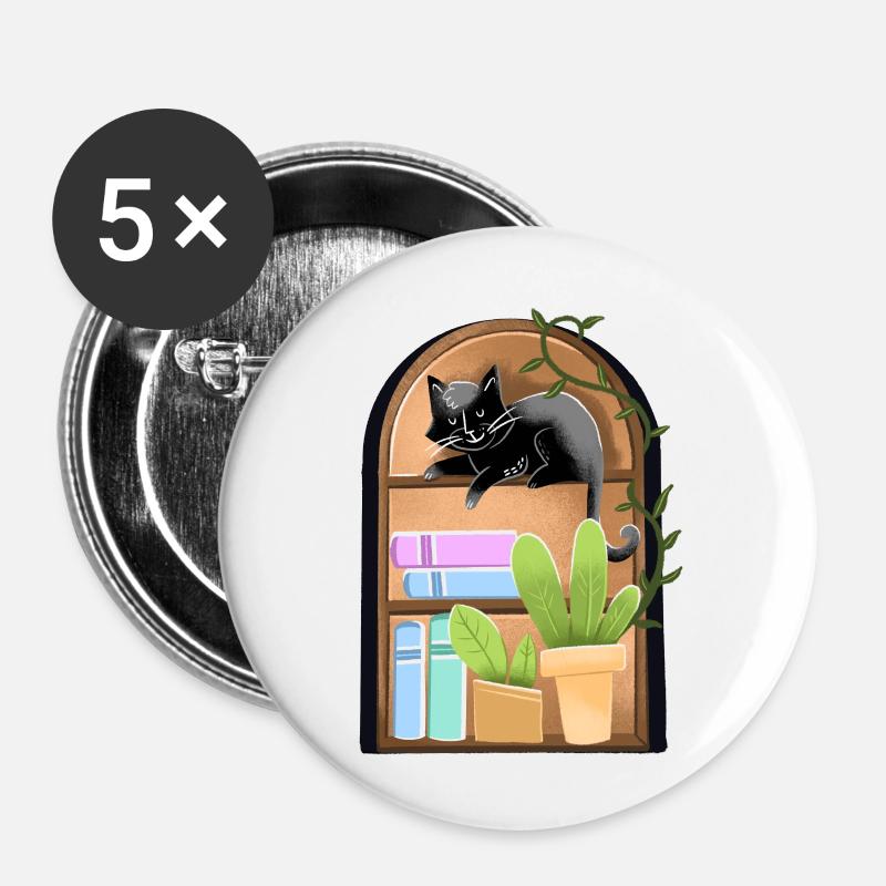Cat on a dome shaped Bookshelf with plants - Buttons large 2.2''/56 mm (5-pack) - white
