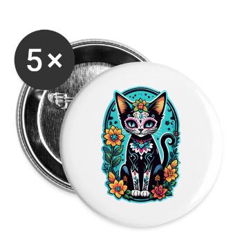 Katze Mexiko - Dia de los Muertos - Buttons groß 56 mm (5er Pack) - Weiß - Vorne