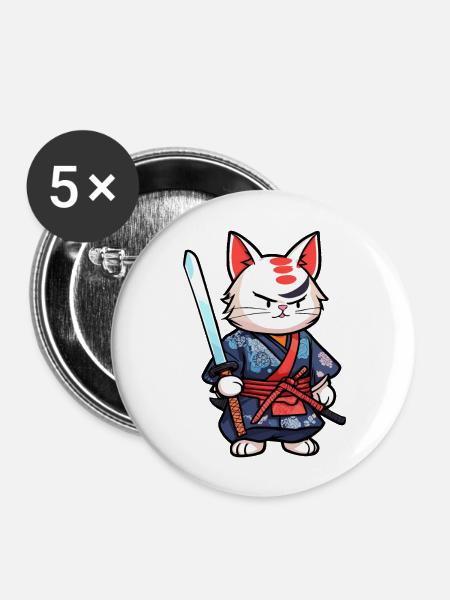 Samurai-Katze #25 - Buttons groß 56 mm (5er Pack) - Weiß