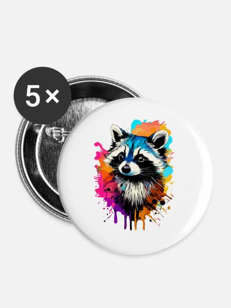 Waschbär Farbenfroh - Waschbär Raccoon - Buttons groß 56 mm (5er Pack) - Weiß