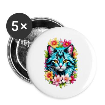 Katze und Blume Aquarell - Buttons groß 56 mm (5er Pack) - Weiß - Vorne