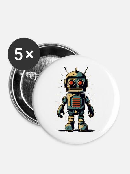 Retro-Stil Roboter - Buttons groß 56 mm (5er Pack) - Weiß