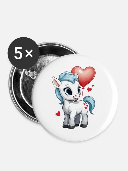 Süßes Pony mit Herz - Buttons groß 56 mm (5er Pack) - Weiß