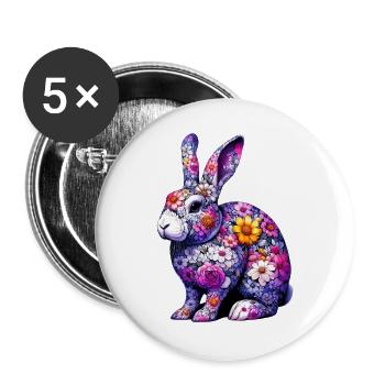 Lapin décoré de fleurs - Lot de 5 grands badges (56 mm) - blanc - Devant