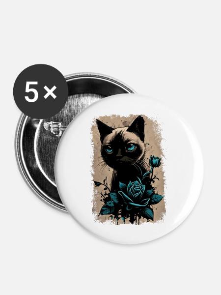 Siamkatze mit Blume - Buttons groß 56 mm (5er Pack) - Weiß