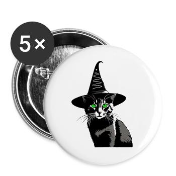 Katze grüne Augen Hexenhut Walpurgisnacht - Buttons groß 56 mm (5er Pack) - Weiß - Vorne
