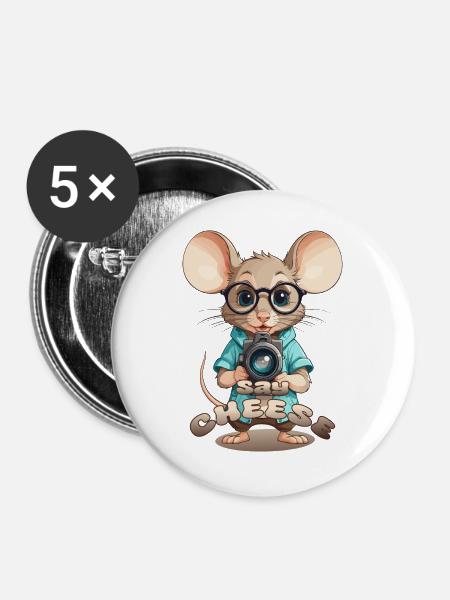 Maus mit Kamera - Buttons groß 56 mm (5er Pack) - Weiß