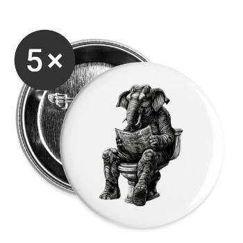 Elefant auf Toilette mit Zeitung – Schwarz-Weiß - Buttons groß 56 mm (5er Pack) - Weiß - Vorne
