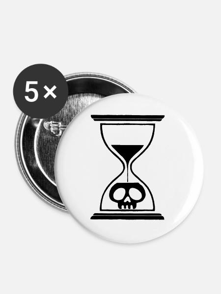 Schwarzer Sanduhr-Totenkopf - Buttons groß 56 mm (5er Pack) - Weiß