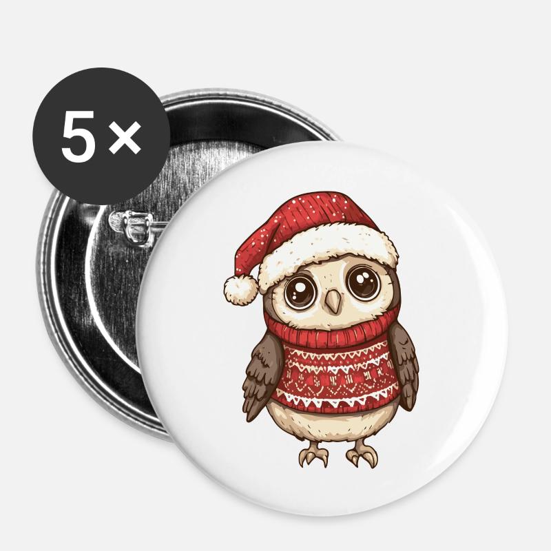 Eule Weihnachten - Buttons groß 56 mm (5er Pack) - Weiß