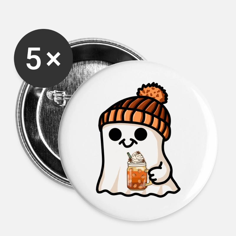 Halloween Ghost Hat Pumpkin Tea Coffee Fall Cute - Buttons large 2.2''/56 mm (5-pack) - white