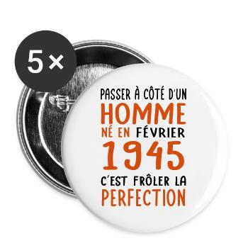 80th Birthday - Born in February 1945 - Buttons large 2.2''/56 mm (5-pack) - white - Front