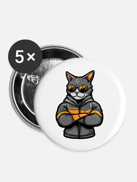 Katze Comic - Buttons groß 56 mm (5er Pack) - Weiß