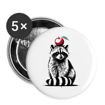 Waschbär mit Apfel – Verspieltes Stencil-Design - Buttons groß 56 mm (5er Pack) - Weiß - Vorne