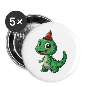 Dinosaure mignon avec chapeau de fête - Amusant et ludique - Lot de 5 grands badges (56 mm) - blanc - Devant
