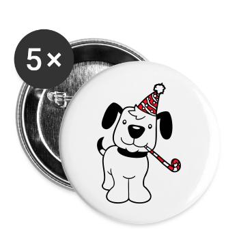 Hund Geburtstag Silvester Party Hut Feiern Tröte - Buttons groß 56 mm (5er Pack) - Weiß - Vorne