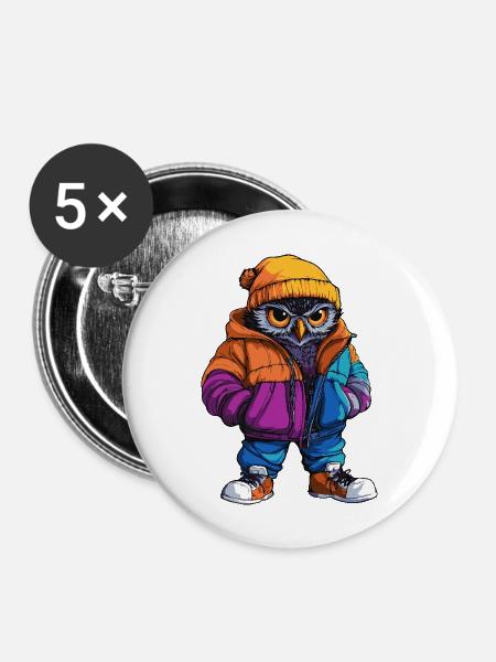 Eule Lustig Winter - Buttons groß 56 mm (5er Pack) - Weiß