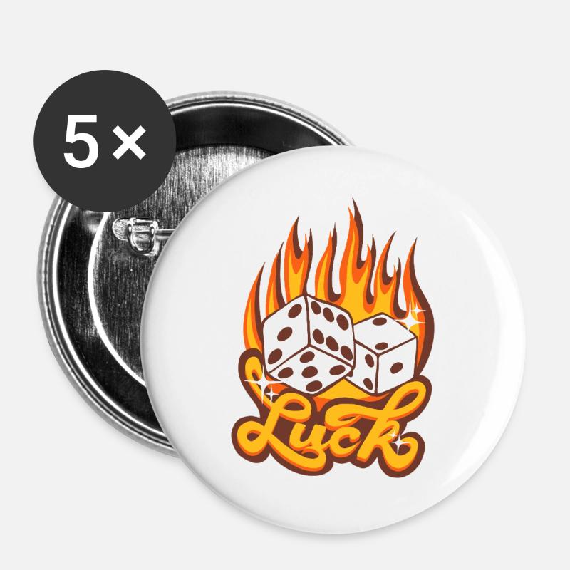 Luck – Feuriges Würfel-Glücksdesign - Buttons groß 56 mm (5er Pack) - Weiß