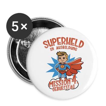 Superheld in Ausbildung 4. Geburtstag Junge blond - Buttons groß 56 mm (5er Pack) - Weiß - Vorne