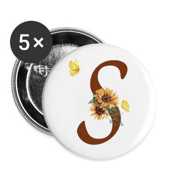 Lettre s tournesol papillon - Lot de 5 grands badges (56 mm) - blanc - Devant