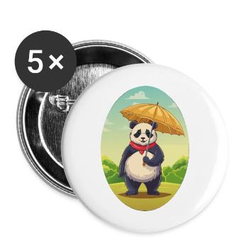 Charmanter Panda mit Regenschirm - Buttons groß 56 mm (5er Pack) - Weiß - Vorne