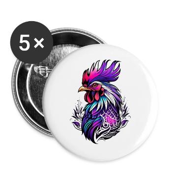 Rooster colorful in tattoo style - Buttons large 2.2''/56 mm (5-pack) - white - Front