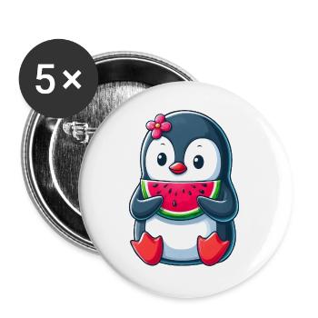 Cute Penguin with Watermelon Summer Cartoon - Buttons large 2.2''/56 mm (5-pack) - white - Front