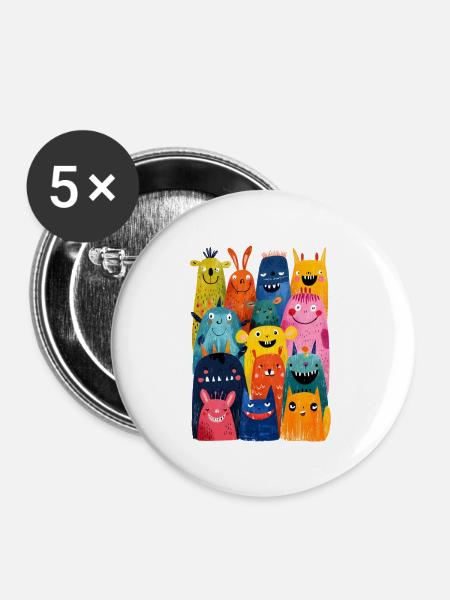 Bunte Fantasiewesen für Kinder - Buttons groß 56 mm (5er Pack) - Weiß