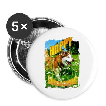 Fröhlicher Hund im Blumenfeld - Buttons groß 56 mm (5er Pack) - Weiß - Vorne