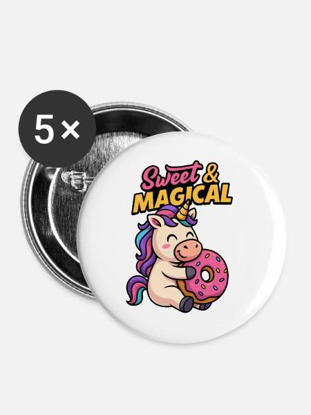 Süßes Einhorn mit Donut - Buttons groß 56 mm (5er Pack) - Weiß