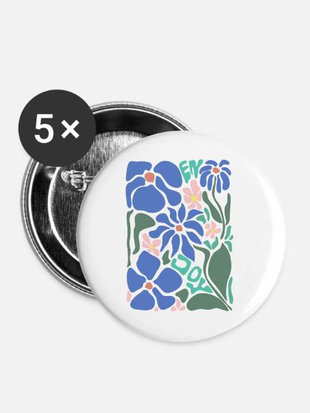 Gute Laune Blumen - blau - Buttons groß 56 mm (5er Pack) - Weiß