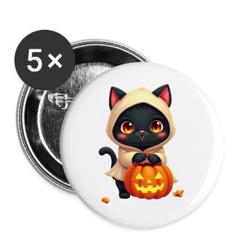 Halloween Katze mit Halloween Kürbis - Buttons groß 56 mm (5er Pack) - Weiß - Vorne