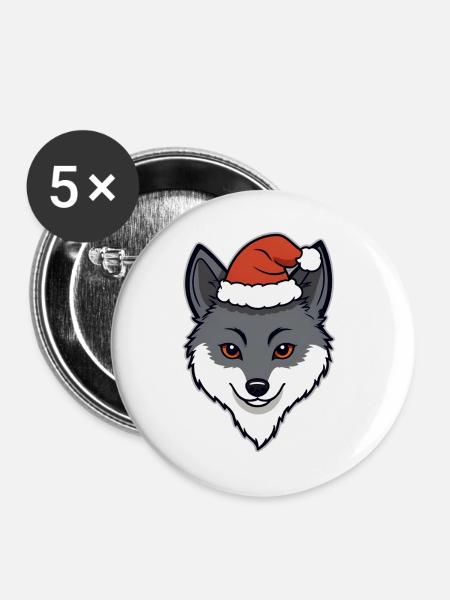 Weihnachtswolf Cartoon Kopf mit Mütze - Buttons groß 56 mm (5er Pack) - Weiß