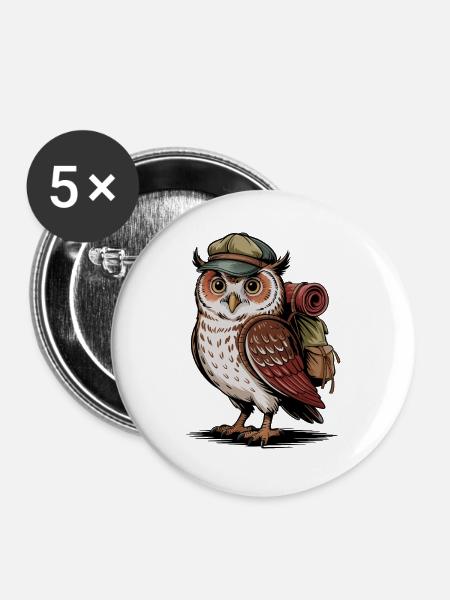 Wandernde Eule mit Rucksack - Buttons groß 56 mm (5er Pack) - Weiß
