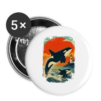 Orca Wal Familie Leuchtturm Vintage Sonnenuntergan - Buttons groß 56 mm (5er Pack) - Weiß - Vorne