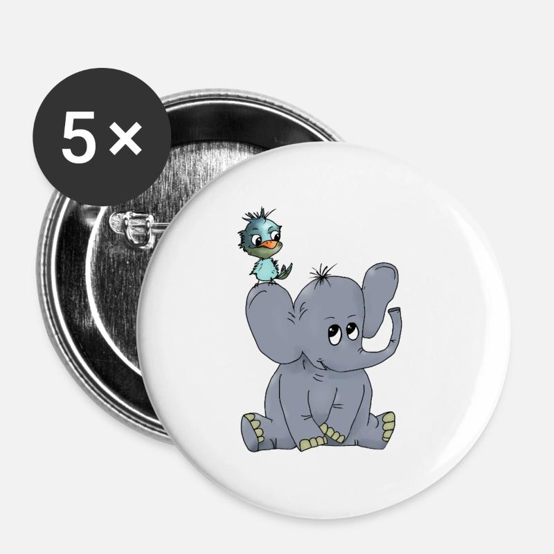 Elefant_mit_Vogel - Buttons large 2.2''/56 mm (5-pack) - white