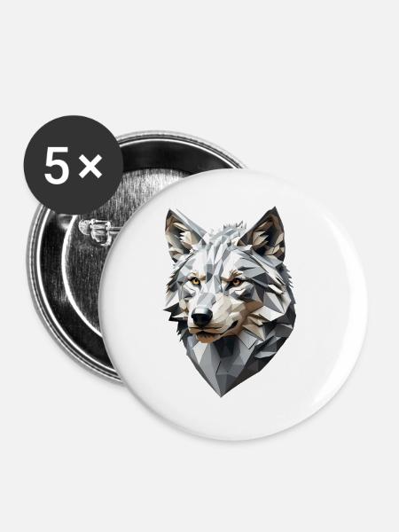 Wolfskopf LowPoly Geometrisch - Buttons groß 56 mm (5er Pack) - Weiß