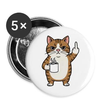 Chat agacé avec un café et dessin animé en pointant le majeur - Lot de 5 grands badges (56 mm) - blanc - Devant